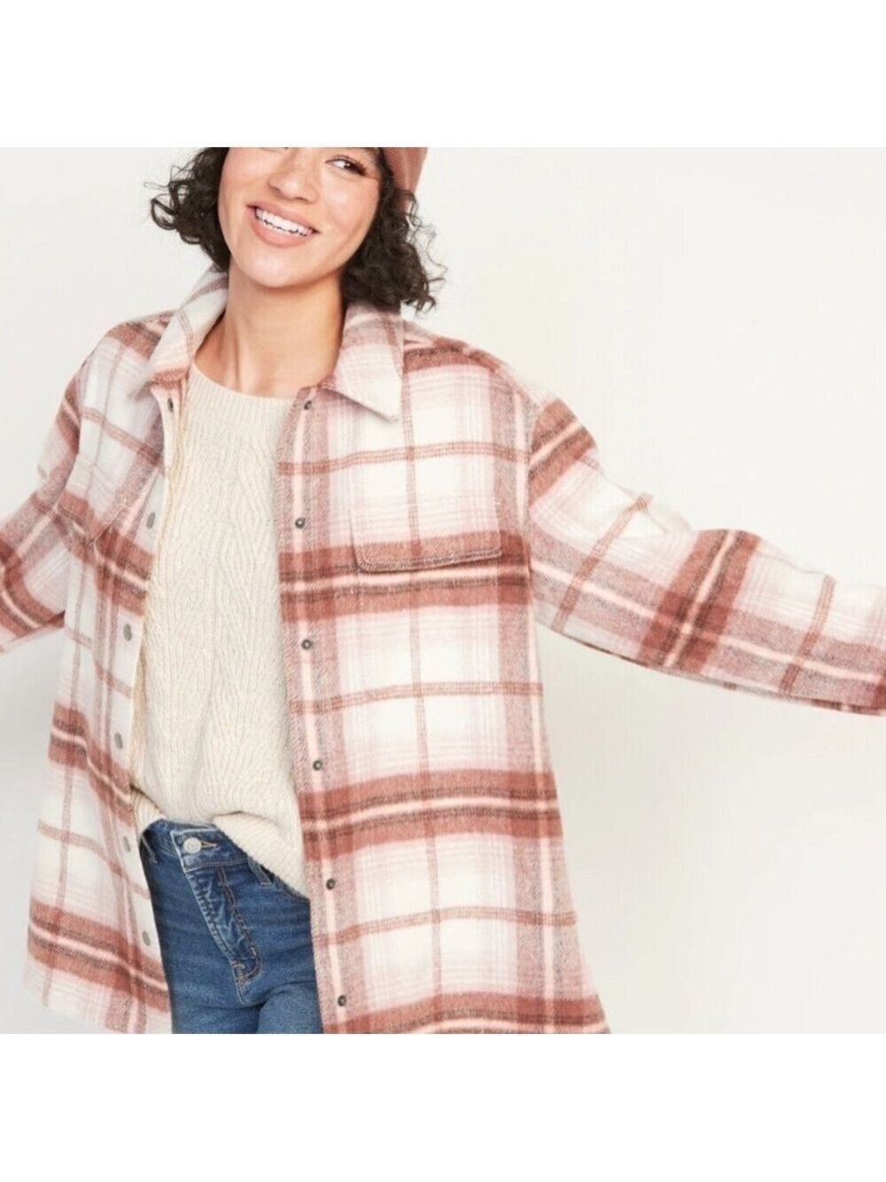 Old Navy Transitional Soft Brushed Plaid Utility Shacket in Pink Brown